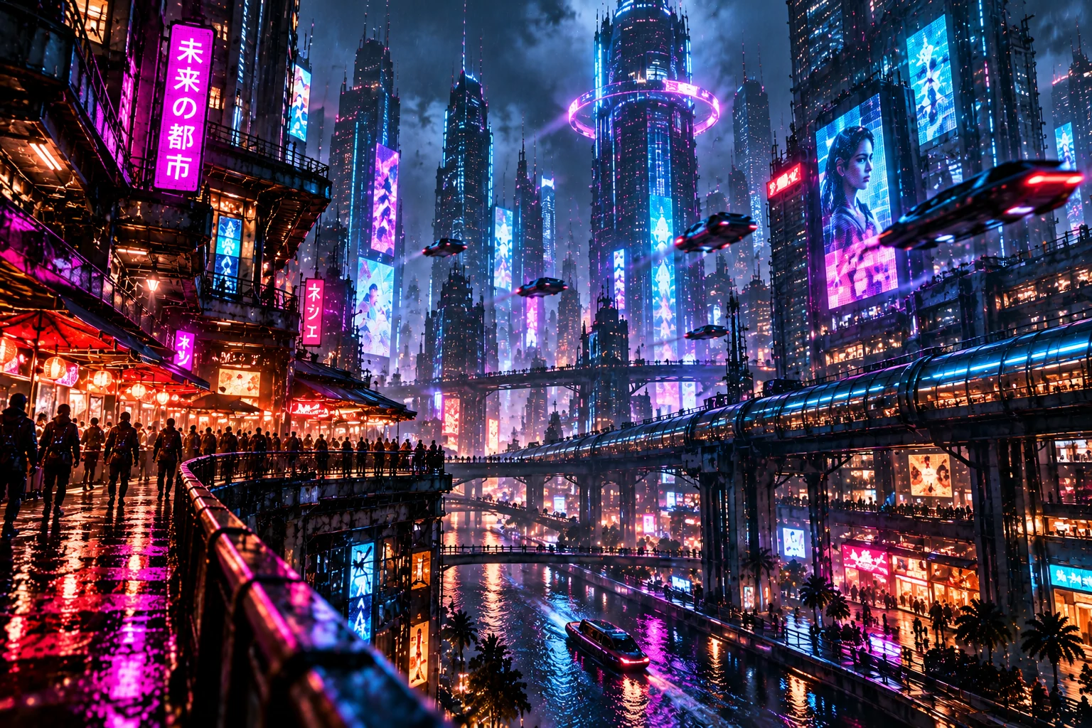 An elevated walkway overlooks a neon-lit futuristic night market with rain-slick streets and towering layered buildings.