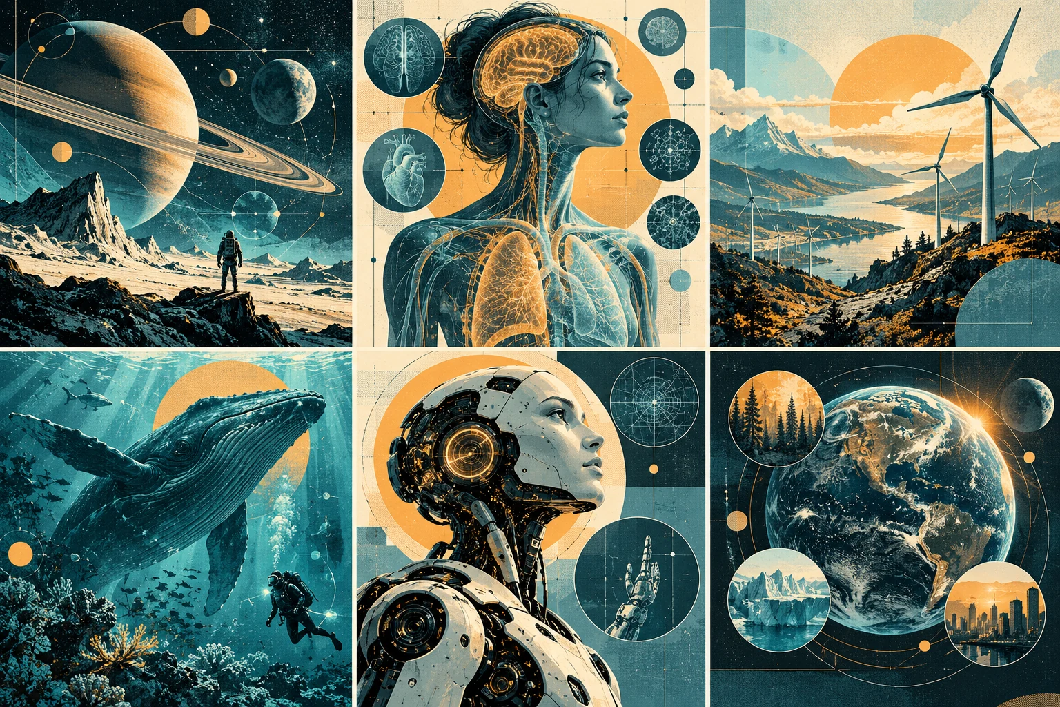 A collection of geometric science illustrations shares a muted cyan and amber palette and textured editorial style.