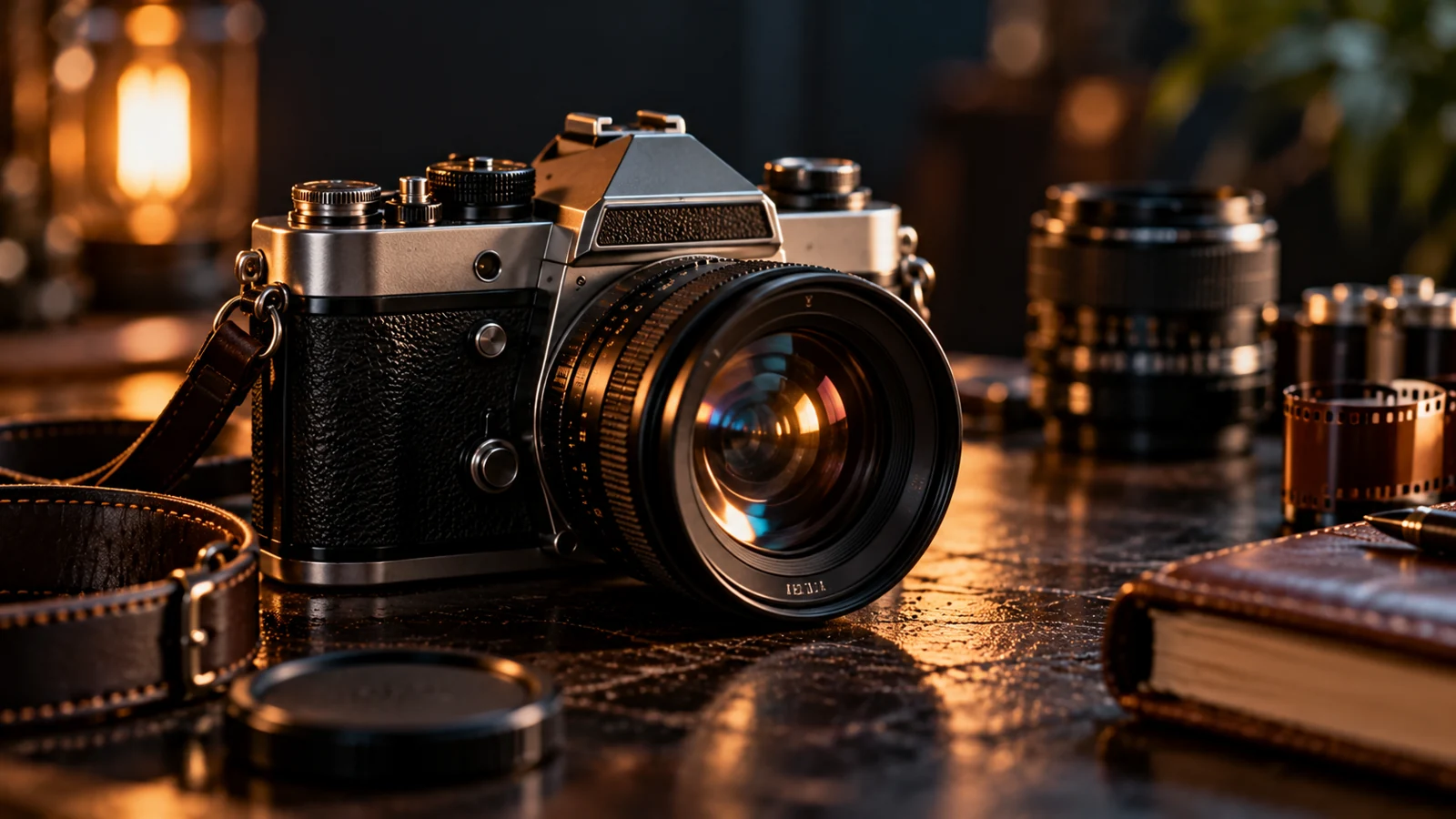 A vintage metal and black leather camera rests on a dark studio table with warm reflections and blurred lenses.